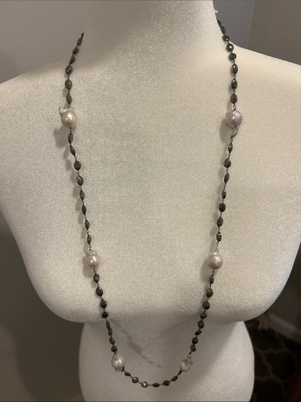 Pearl Station Long Beaded Necklace in White and Gunmetal